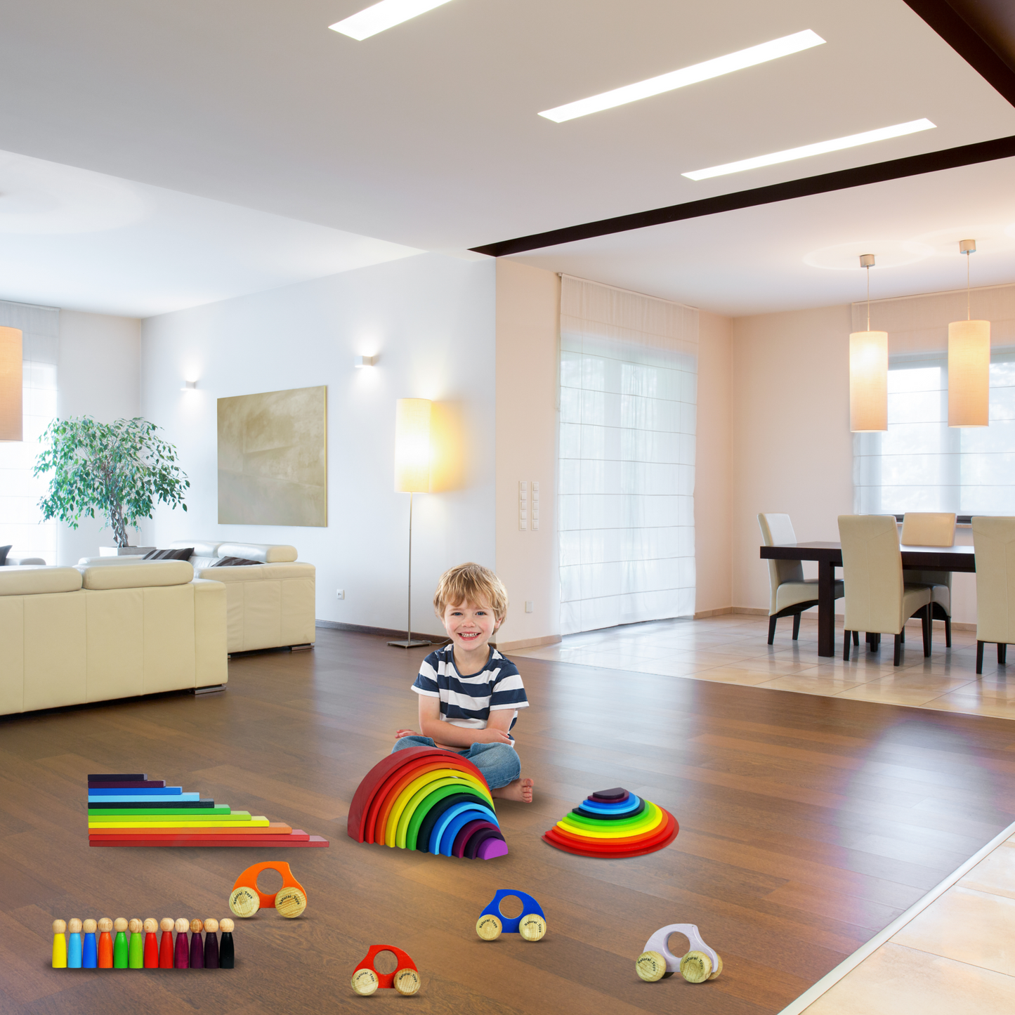 Natural Toys | 12 PC Rainbow Stacker Combo 12 Piece Wooden Stacking Toy + 11 PC Wooden Semi Circle + 11 PC Wooden Plank + 12 Wooden Peg Doll + 4 Wooden Toy Cars