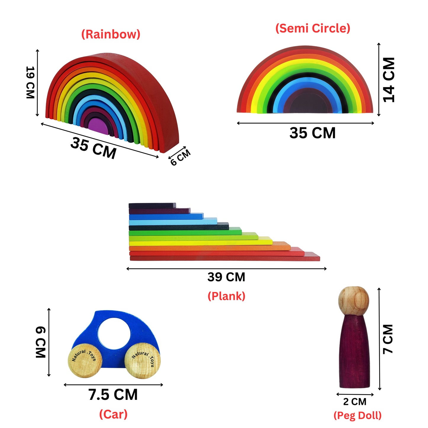 Buy 12 PC Rainbow Stacker Combo | 12  Piece Wooden Stacking Toy + 11 PC Wooden Semi Circle + 11 PC Wooden Plank + 12 Wooden Peg Doll + 4 Wooden Toy Cars | Natural Toys
