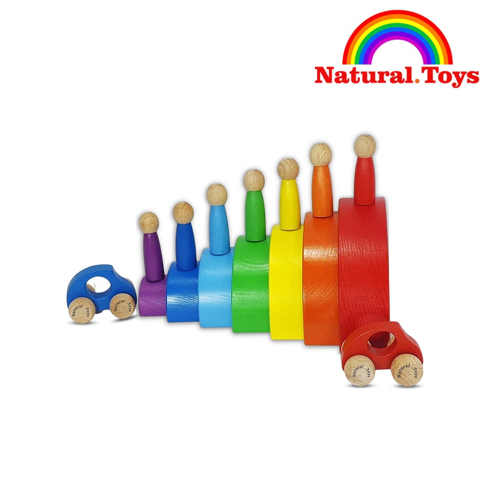 Natural Toys | 7 PC Rainbow Stacker Combo 7 Piece Wooden Stacking Toy + 2 Wooden Toy Cars + 7 Wooden peg Doll Round Stacking Wooden Block