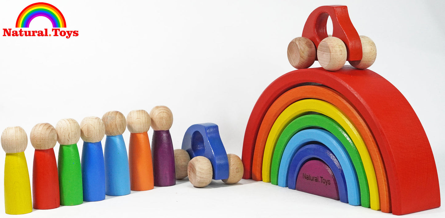 Buy 7 PC Rainbow Stacker Combo 7 Piece Wooden Stacking Toy + 2 Wooden Toy Cars + 7 Wooden peg Doll Round Stacking Wooden Block | Natural Toys