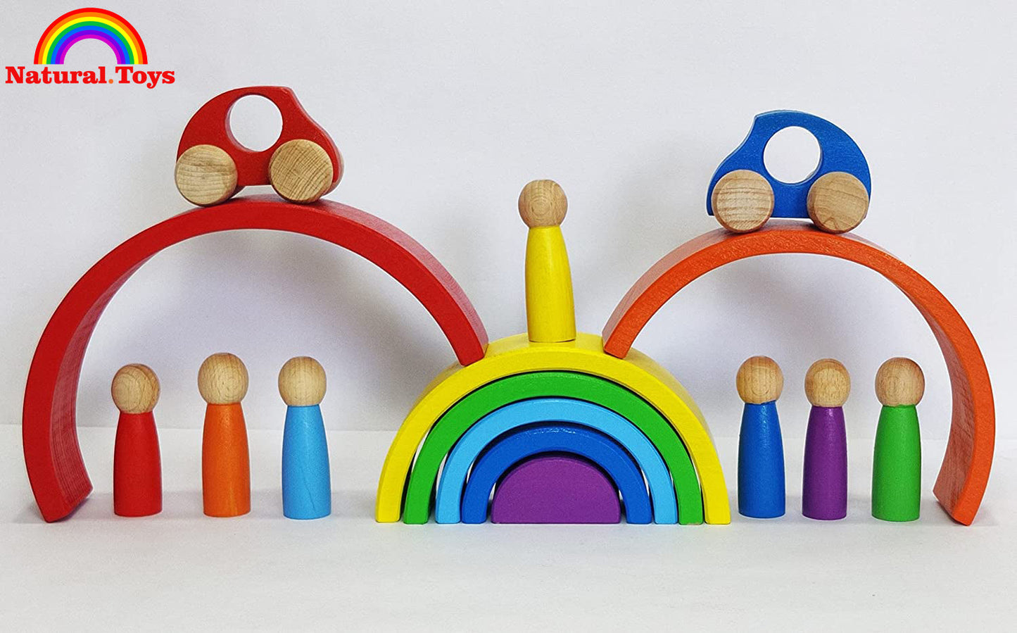 Buy 7 PC Rainbow Stacker Combo 7 Piece Wooden Stacking Toy + 2 Wooden Toy Cars + 7 Wooden peg Doll Round Stacking Wooden Block | Natural Toys