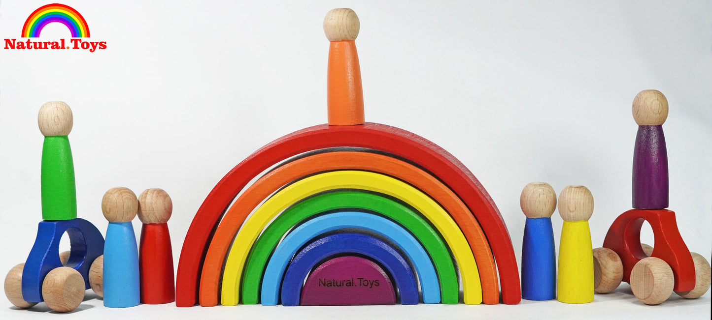 Buy 7 PC Rainbow Stacker Combo 7 Piece Wooden Stacking Toy + 2 Wooden Toy Cars + 7 Wooden peg Doll Round Stacking Wooden Block | Natural Toys