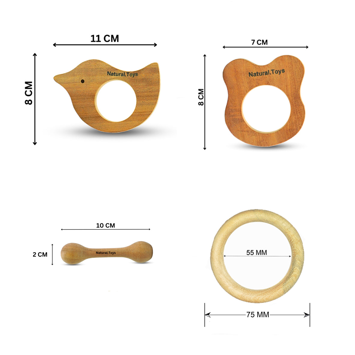Buy Natural.Toys Neem Wood Teether Combo For Infant (Bear Teether + Bird Teether+75Mm Ring Teethers + 2 Chusni Soother) Baby Teethers Set