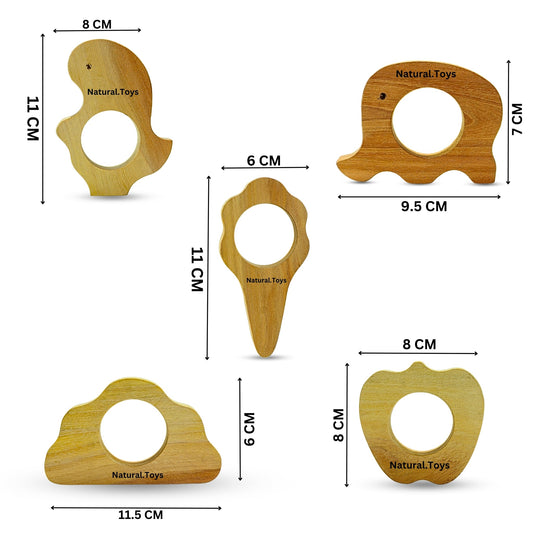 Buy Neem Wood Teether Set (Dinosaur Teether + Elephant Teether + Rocket Teether + Cloud Teether + Apple Teether) | Natural Toys