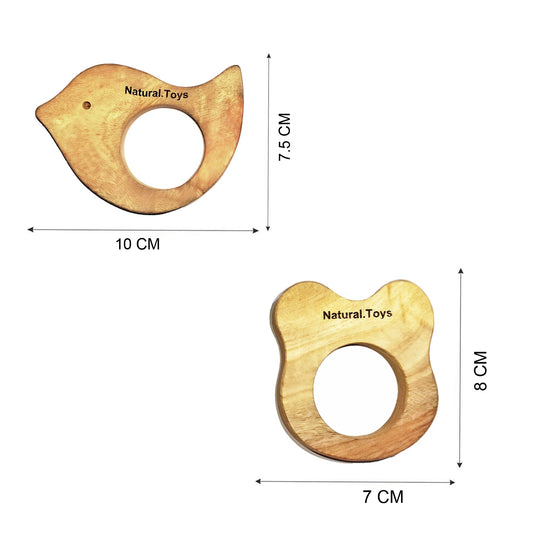 Buy Neem Wooden Teether Combo (Dumbbell Rattler + Mouse Teether + Bird Teether + 75mm Ring)    | Natural Toys