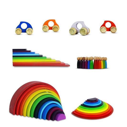 Natural Toys | 12 PC Rainbow Stacker Combo 12 Piece Wooden Stacking Toy + 11 PC Wooden Semi Circle + 11 PC Wooden Plank + 12 Wooden Peg Doll + 4 Wooden Toy Cars