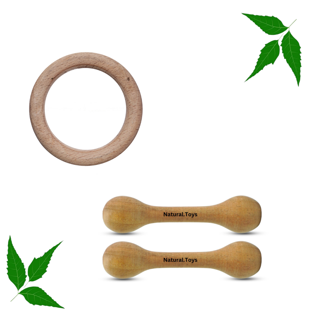 Buy Wooden Teether Dumbler Baby Teether Chusni Soother with Wooden Teething Ring Nibbler Teething Toys for Babies | Natural Toys