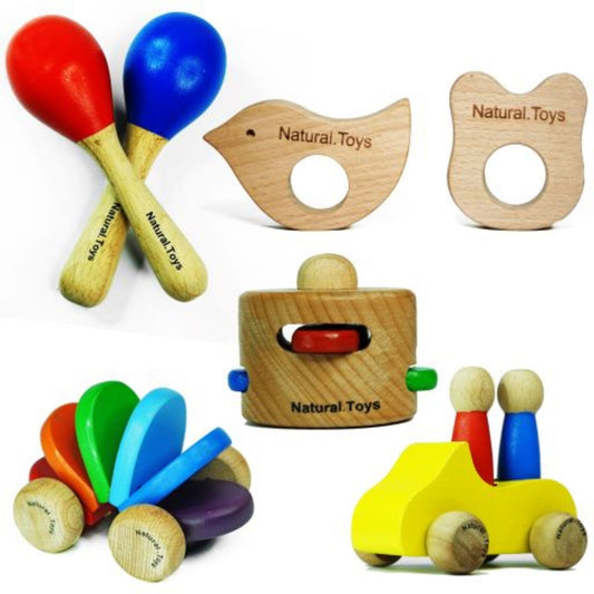 Natural Toys | Wooden Toys Combo Gift Kit for 6 Month+ | 1 Wooden Push Pull Toy Car, 1 Wooden Peek-A-Boo, 2 Wooden Maracas Toy, 1 Wooden Amazing Car (Pack of Seven Toys)