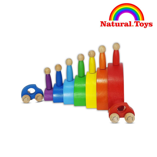 Natural Toys | 7 PC Rainbow Stacker Combo 7 Piece Wooden Stacking Toy + 2 Wooden Toy Cars + 7 Wooden peg Doll Round Stacking Wooden Block