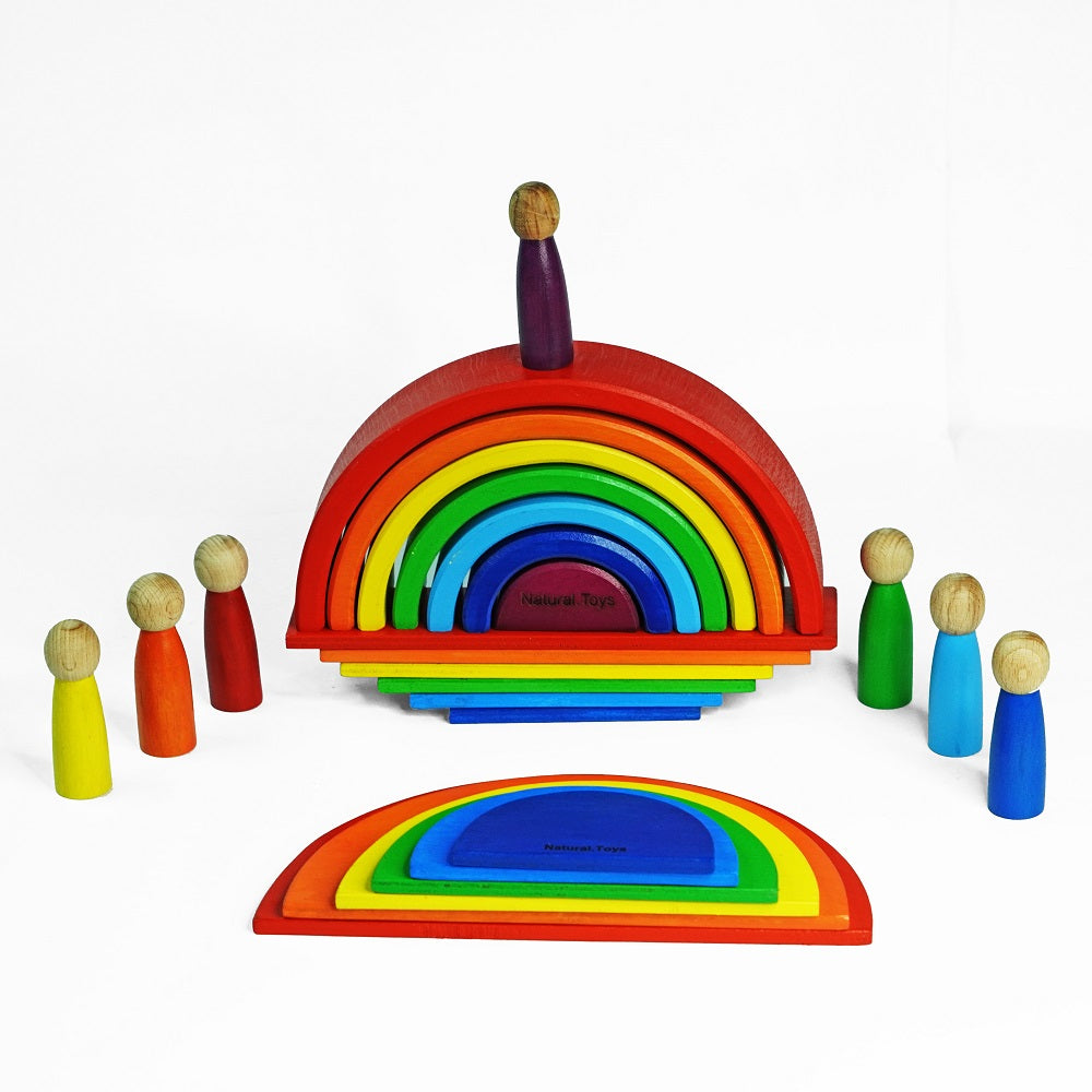 Buy Wooden Toys 7PC Combo Rainbow Stacker Pegdolls Plank Semi Circle | Natural Toys