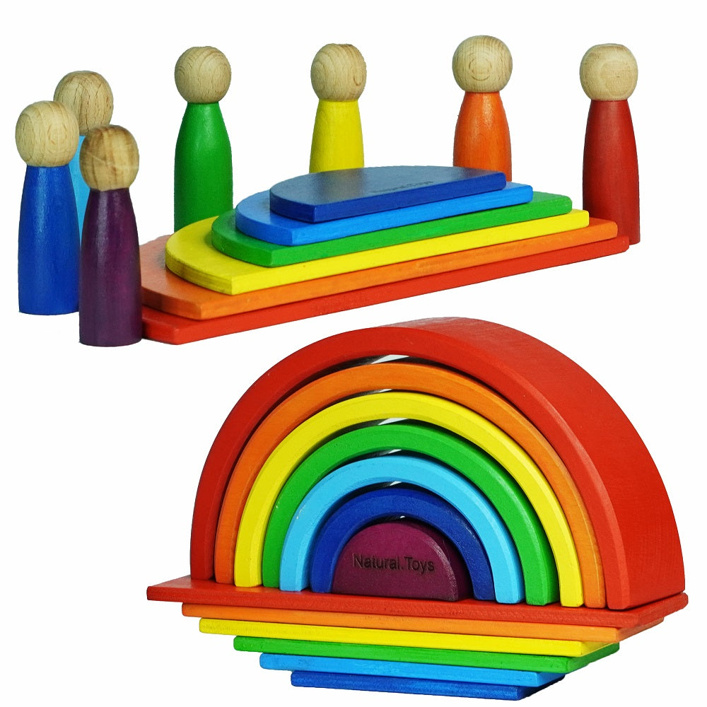 Buy Wooden Toys 7PC Combo Rainbow Stacker Pegdolls Plank Semi Circle | Natural Toys