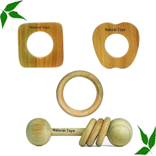 Buy Natural.Toys Neem Wood Teether Combo For Infant (Dumbbell Rattle + Apple Teether + Square Teething + 75Mm Ring) Baby Teethers Set