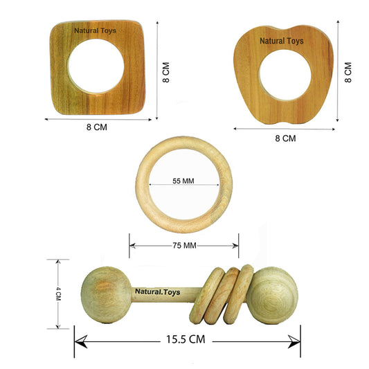 Buy Natural.Toys Neem Wood Teether Combo For Infant (Dumbbell Rattle + Apple Teether + Square Teething + 75Mm Ring) Baby Teethers Set