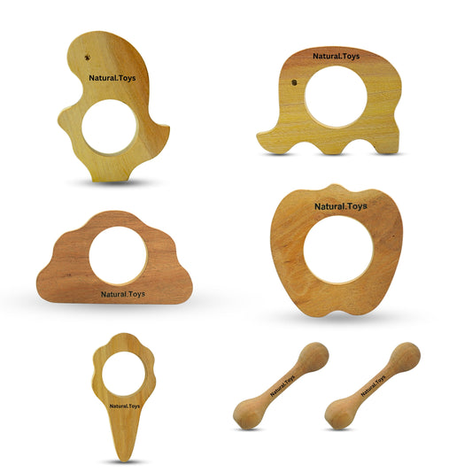 Buy Wooden Teether Combo 5 Pc Teether With 2 Pc Soother for kids | Natural Toys