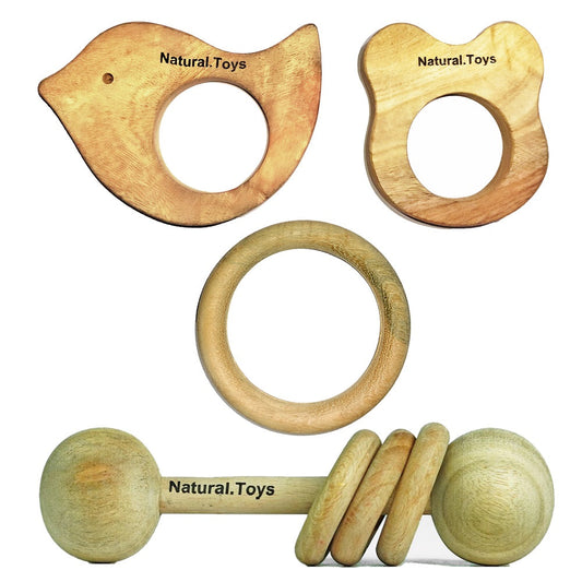 Buy Neem Wooden Teether Combo (Dumbbell Rattler + Mouse Teether + Bird Teether + 75mm Ring)    | Natural Toys