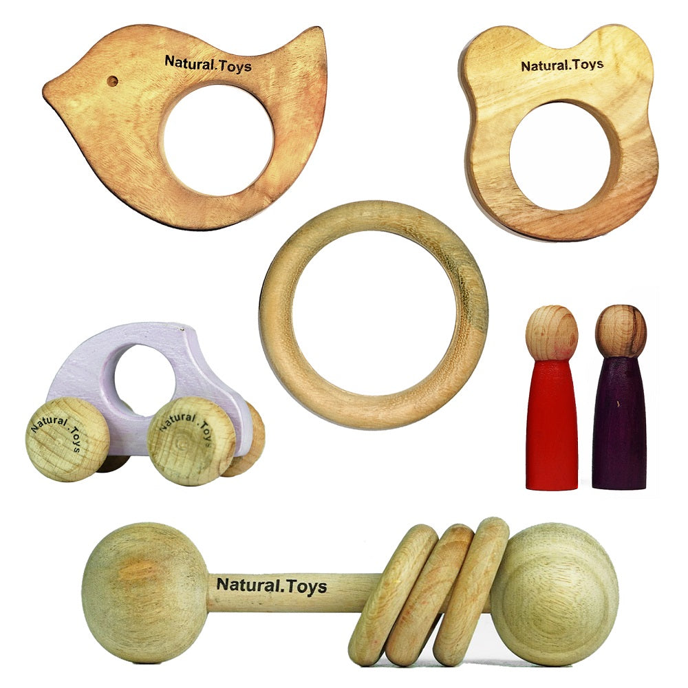 Neem Wood Teether Combo (Dumbbell Rattler + Mouse Teether + Bird Teether + 75mm Ring + Two Peg Dolls + Purple Toy Car)